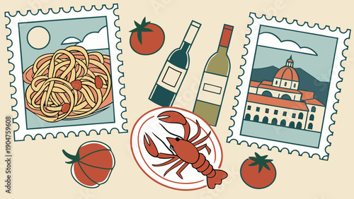 A charming illustration of italian cuisine and travel featuring stamps, wine, lobster, and tomatoes.