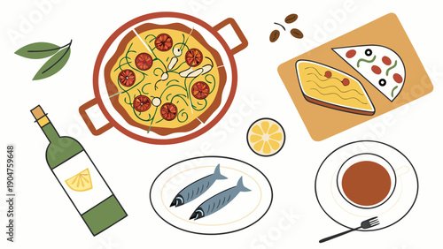 Vector illustration of a delicious mediterranean meal with pizza wine and fish