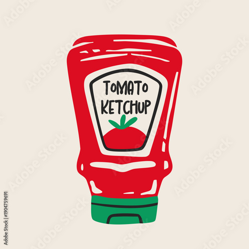 Ketchup bottle. Tomato sauce in bottle. Plastic squeeze container with label. Hand drawn trendy Vector illustration. Isolated design element. Logo, icon, print, poster, sticker, card template