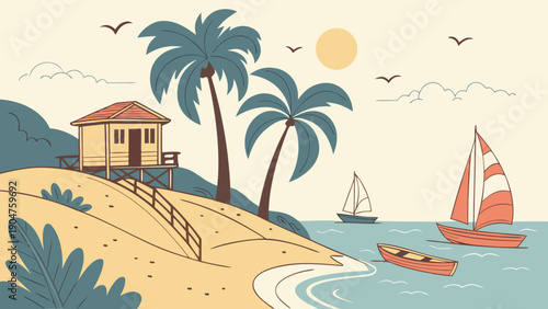 Tropical beach landscape with a small hut on a sand dune and sailboats on the calm ocean.