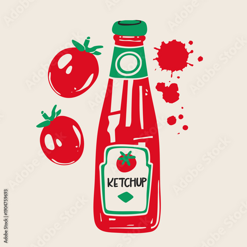 Ketchup bottle, tomatoes, stains. Tomato sauce in bottle. Glass container with label. Hand drawn trendy Vector illustration. Isolated design element. Logo, icon, print, poster, sticker, card template