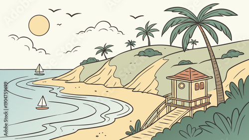 Wide cartoon beach bay with a lifeguard tower and green hillsides.
