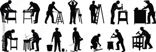 Collection of carpenter worker silhouettes, woodworking and furniture making activities, professional craftsmen using tools in workshop, industrial carpentry vector illustration set isolated