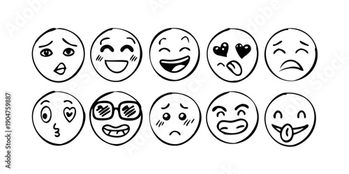 Fotografie A collection of nine diverse cartoon faces expressing various emotions and state
