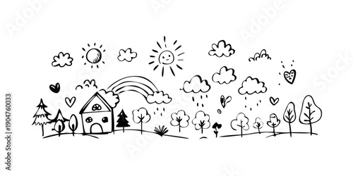 Obraz na plátně A whimsical illustration of a village with various weather elements and natural