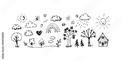 Fotografija A whimsical illustration of various weather phenomena and natural elements Vecto