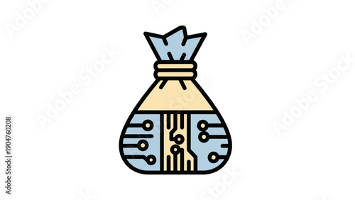 Circuit Board Money Bag Icon. Digital Finance, Tech Wealth and E-commerce Savings Symbol