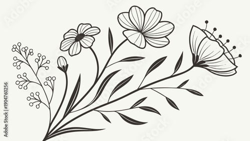 Hand drawn wildflower bouquet sketch with delicate petals and leaves on a plain background
