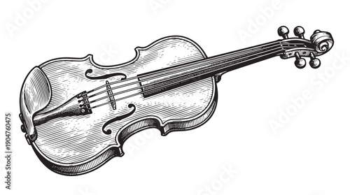 Detailed, monochrome woodcut engraving of a classic wooden violin, showcasing its intricate bridge and tuning pegs, isolated on a white background, representing musical art