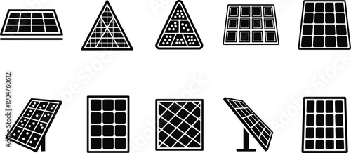 Set of solar panel icons, renewable energy photovoltaic system symbols, sustainable power generation icons, green alternative electricity technology, eco friendly solar cell vector illustrations