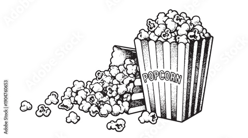 Artistic black and white hand-drawn sketch of overflowing striped popcorn box spilling kernels onto a white background, evoking cinema snack time nostalgia