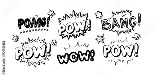Foto A collection of various comic book sound effect words in bold, black text
