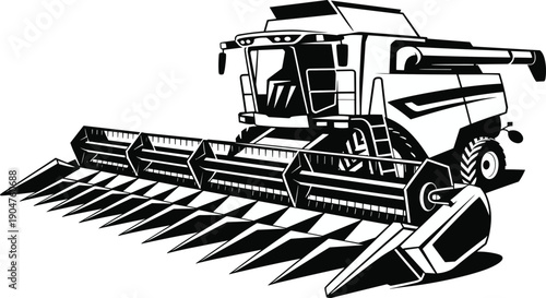 Black and white vector illustration of a modern combine harvester agricultural machine for grain harvesting isolated on white background for farming industry