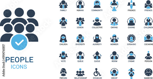 Comprehensive set of blue and grey people icons for community diversity family team and social networking graphic design