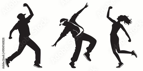 Bild auf Leinwand Three silhouettes of dancers in mid-motion, showcasing various dance styles and techniques