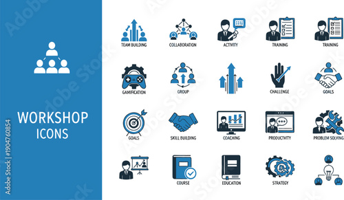 Two-tone vector icon set for corporate workshops and training sessions featuring team building, collaboration, and skill-building symbols