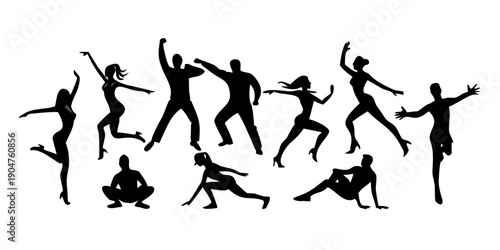 Obraz na plátně Diverse group of people performing various dance moves in silhouette Vector