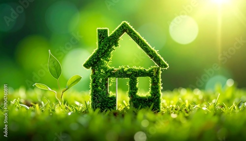 Eco-friendly house symbol made of green moss on grass.