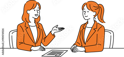 Business Meeting Between Two Women Discussing Documents at Office Desk Professional Conversation Vector Line Art Illustration