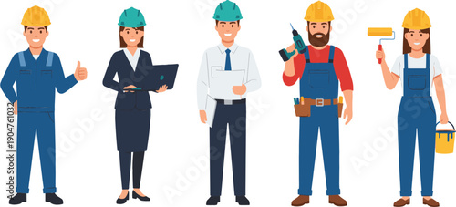 Diverse set of professional workers featuring engineer executive carpenter painter and technician for career and recruitment graphic design