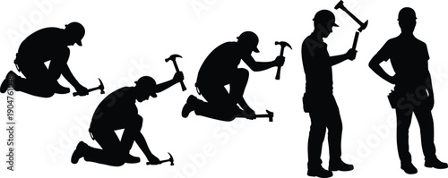 Construction worker hammering nails silhouettes vector, carpenter installation activity, professional handyman tools concept, building repair maintenance labor isolated illustration