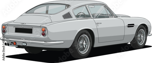 Silver vintage sports car illustration with wire wheels and chrome accents for classic automotive and luxury lifestyle design