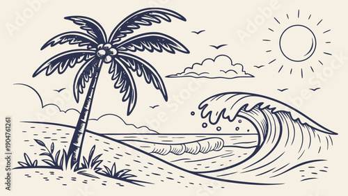 Hand drawn vintage sketch of a tropical beach scene with a palm tree and ocean wave