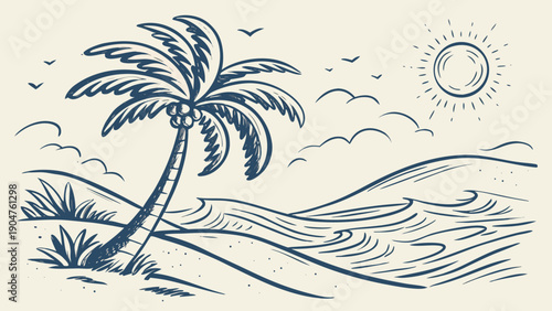 Hand drawn sketch of a lone palm tree on a tropical beach with waves and the sun