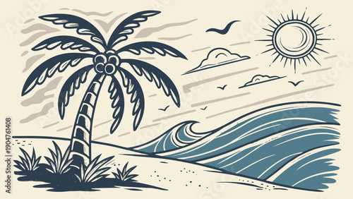 A coconut palm tree stands on a beach next to layered ocean waves under a bright sun with clouds and flying birds in a vintage drawing.