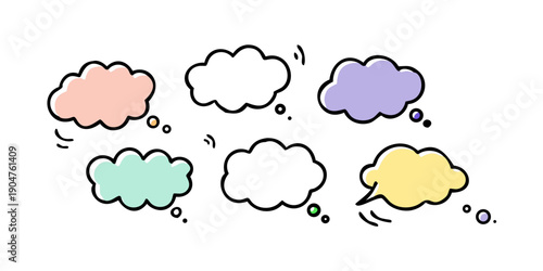 A whimsical illustration of six colorful thought clouds floating in the sky Vector