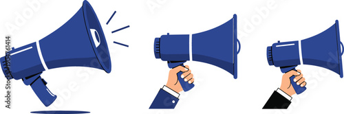 Blue megaphone and bullhorn icon set with hands holding speakers for marketing announcements sales and social media promotion