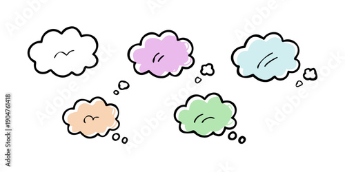 A whimsical illustration of four thought bubbles with different colors and expressions Vector