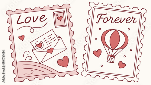 Two romantic vintage postage stamps with love and forever messages for valentines day