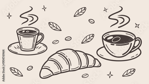 Linear sketch of breakfast with coffee cups croissant and coffee beans on beige background.