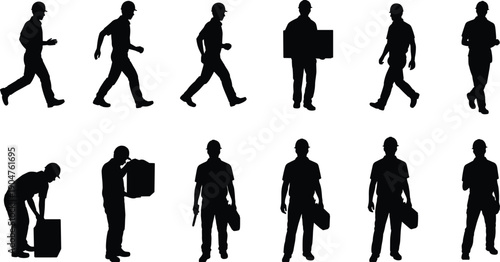 Construction worker silhouettes walking and carrying toolboxes, industrial laborers set isolated on white background for logistics, workforce,