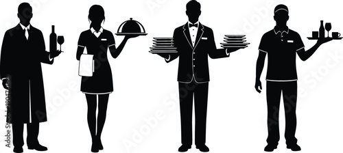 Black silhouette vector illustration set featuring four restaurant servers including a sommelier, formal waiter, and casual cafe staff