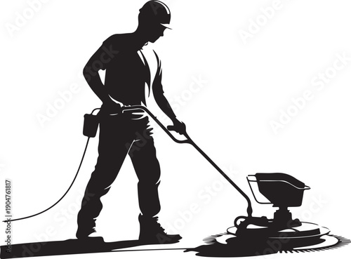 A skilled construction worker wearing a hard hat smooths concrete with a power trowel on a job site