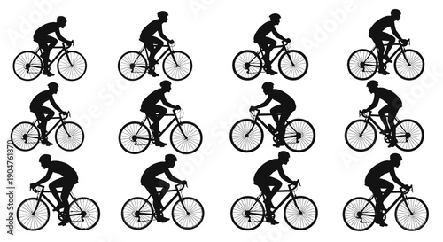Multiple cyclists riding bicycles in various positions and actions on a white background