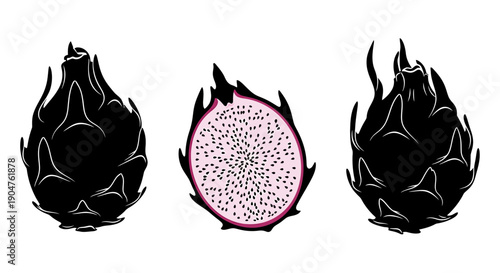 Vector illustration of a dragon fruit, cut open to reveal its texture, surrounded by whole fruits, in a minimalist style from a front viewpoint.
