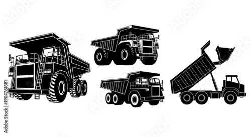 Dump trucks in various views showcasing their industrial design and functionality on a clean white background
