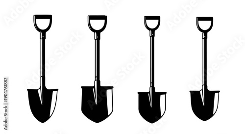 Four shovels aligned in a row, ready for gardening or digging tasks, vector illustrations