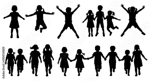 Children playing together, jumping and holding hands in a joyful scene, illustrated in a simple black silhouette style