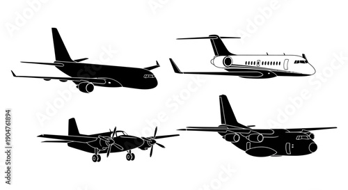 Aerial silhouettes of various aircraft including jets and propeller planes viewed from the side against a plain background