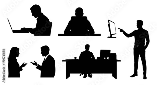 Collection of people working with laptops and computers in various office settings and poses, depicted in silhouette from multiple viewpoints