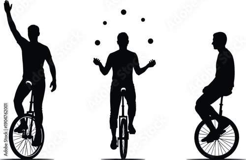 Black silhouette vector illustration set featuring unicycle performers in various poses including one juggling and one waving