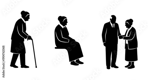 Illustration of elderly people with disabilities interacting with others in various scenarios