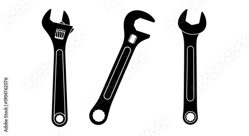 Set of adjustable wrenches in various positions on a plain white background viewed from the front