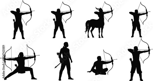 Set of archer silhouettes with bows and arrows including fantasy centaur and human characters in various shooting stances