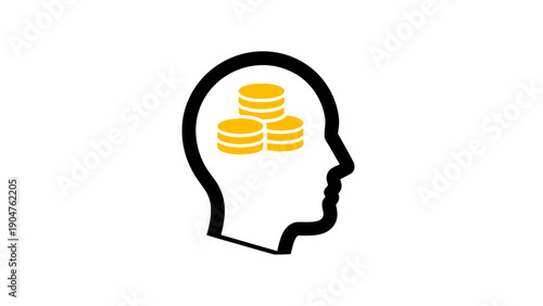 Financial Mindset Icon: Human Head Silhouette with Gold Coin Stacks representing Business Strategy, Wealth Generation, and Money Thinking Concept.
