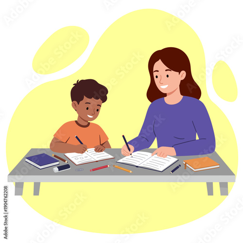 Smiling woman and boy writing in notebooks at desk, flat vector illustration style.